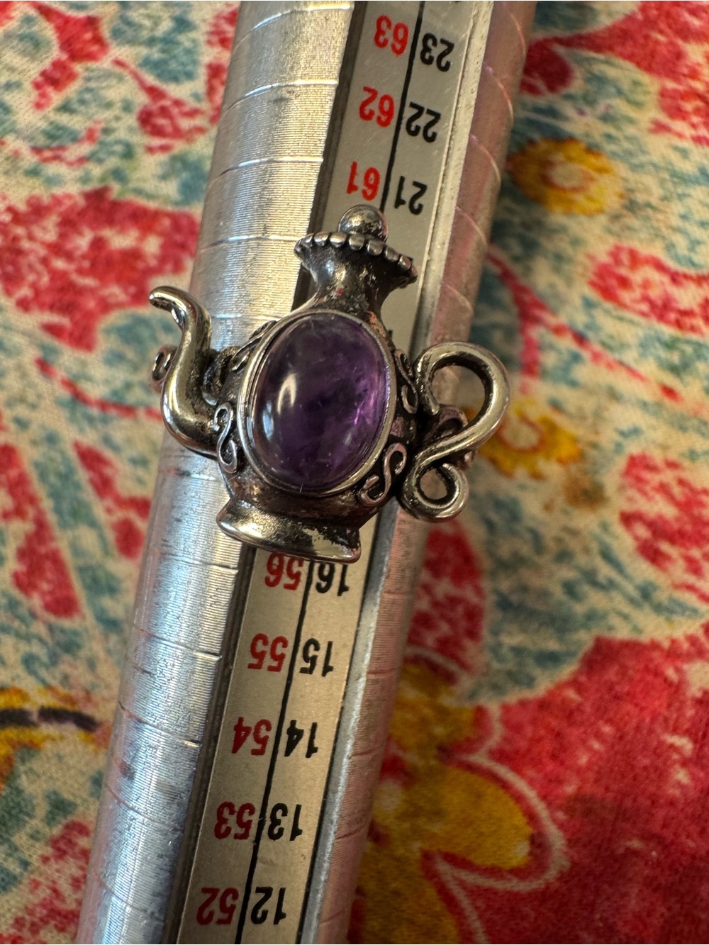 Silver Teapot Ring with Purple Amethyst Cabochon - Women's Jewelry